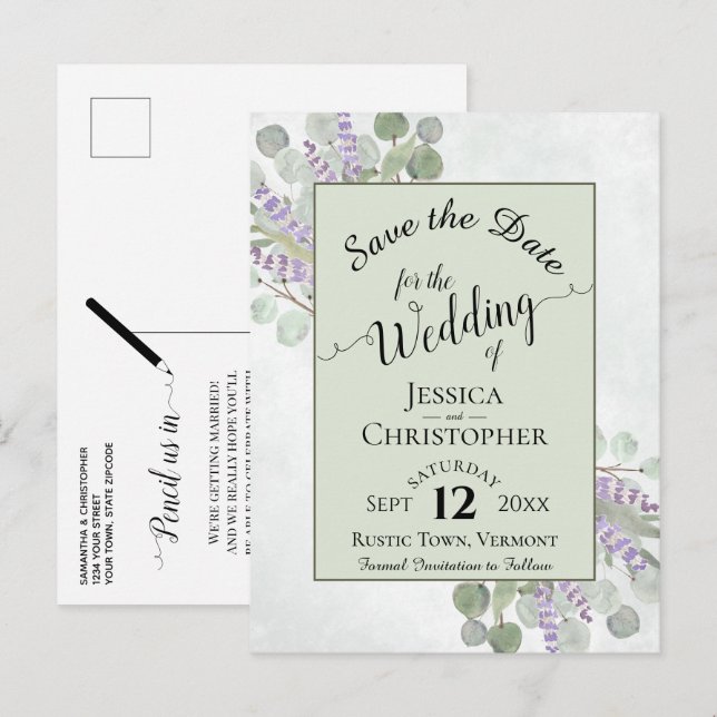 Cartão Postal De Anúncio Elegante Salve a data Eucalyptus e Lavanda verde (Frente/Verso)