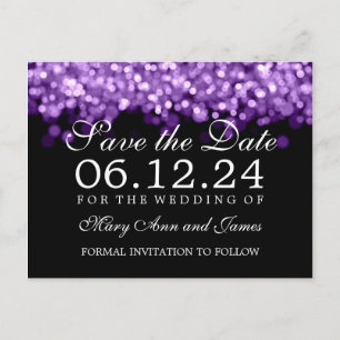 Cartão Postal De Anúncio Elegante Salve A Data Luzes Roxas