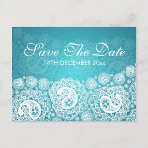 Cartão Postal De Anúncio Elegante Salve a Data Paisley Lace Azul