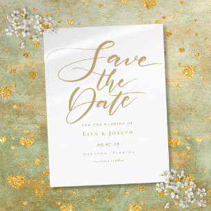 Cartão Postal De Anúncio Elegante Salve o Dia de Casamento em Script Dourad