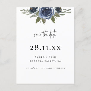 Cartão Postal De Anúncio Elegante Salve o Dia Floral Aquarela Azul Marinho