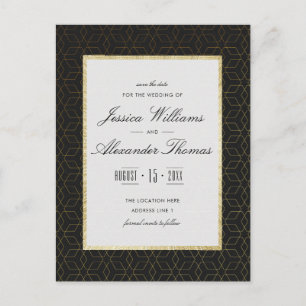 Cartão Postal De Anúncio Elegante Save The Date de casamento em ouro e pret
