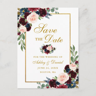 Cartão Postal De Anúncio Elegante Save the Date Floral Azul Borgonha Dourad