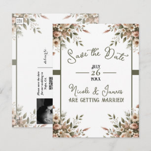 Cartão Postal De Anúncio Elegante Save the Date Floral Verde Oliva e Branco