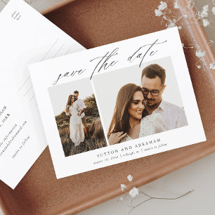Cartão Postal De Anúncio Elegante Script 2 Foto Casamento Salve a Data
