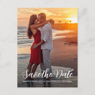 Cartão Postal De Anúncio Elegante Script Foto de Engajamento Save the Date
