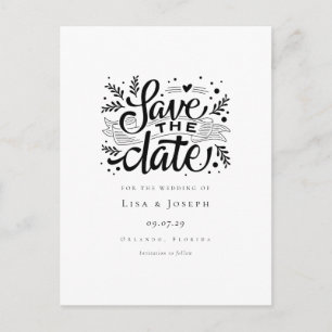 Cartão Postal De Anúncio Elegante Script Preto e Branco Save the Date
