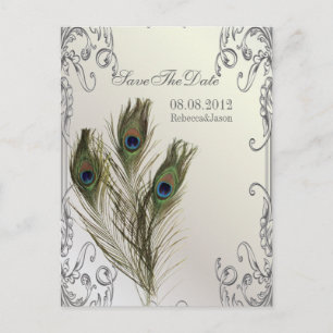 Cartão Postal De Anúncio elegante vintage floral pavão Save the date