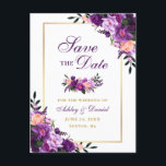 Cartão Postal De Anúncio Elegante Violeta Roxo Floral Dourado Guarde a Data<br><div class="desc">Moderno Elegante,  Aquarela Púrpura Ultra Violeta Floral,  Dourado Salve O Cartão-Postal Do Noivado De Data</div>