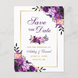 Cartão Postal De Anúncio Elegante Violeta Roxo Floral Dourado Guarde a Data