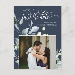 Cartão Postal De Anúncio Elegantes Folhas Verde-Navy Código QR Salvar a Dat