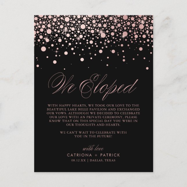 Cartão Postal De Anúncio Elopemento Negra de Casamento rosa Gold Foil Confe (Frente)