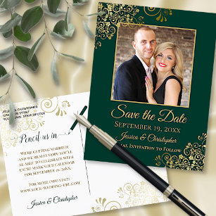 Cartão Postal De Anúncio Emerald Green & Dourada Foto para salvar o casamen