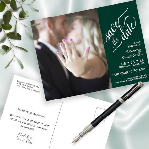 Cartão Postal De Anúncio Emerald Wedding Salva a Data Foto e Caligrafia