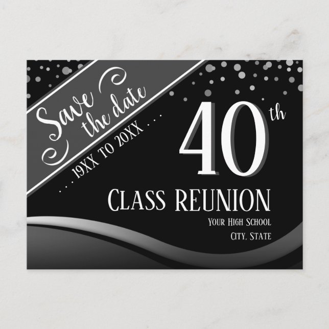 Cartão Postal De Anúncio Encontro de 40 anos - preto elegante (Frente)