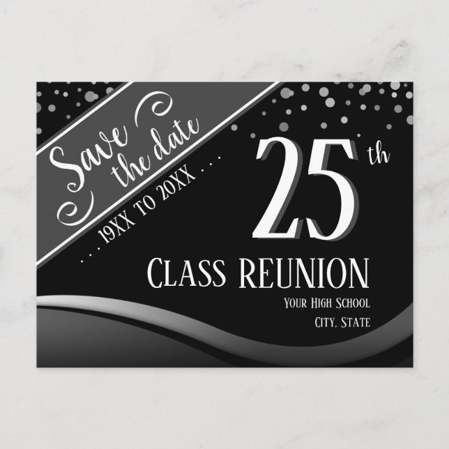 Cartão Postal De Anúncio Encontro de turma de 25 anos Elegante preto (Frente)