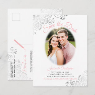 Cartão Postal De Anúncio Enfeite Prata com Foto Rosa Save the Date Casament