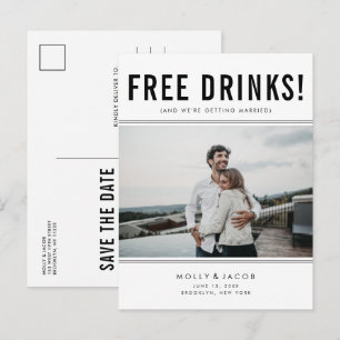 Cartão Postal De Anúncio Engraçado Bebidas Gratuitas Foto Casamento Salvar 