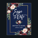 Cartão Postal De Anúncio Escrita em Escova Azul Floral Salva a Data<br><div class="desc">Roteiro De Pincel Moderno,  Watercolor Burgundy Marsala Blue Floral,  Salvar O Cartão-Postal Dourado De Data</div>