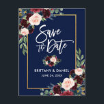 Cartão Postal De Anúncio Escrita em Escova Azul Floral Salva a Data<br><div class="desc">Roteiro De Pincel Moderno,  Watercolor Burgundy Marsala Blue Floral,  Salvar O Cartão-Postal Dourado De Data</div>