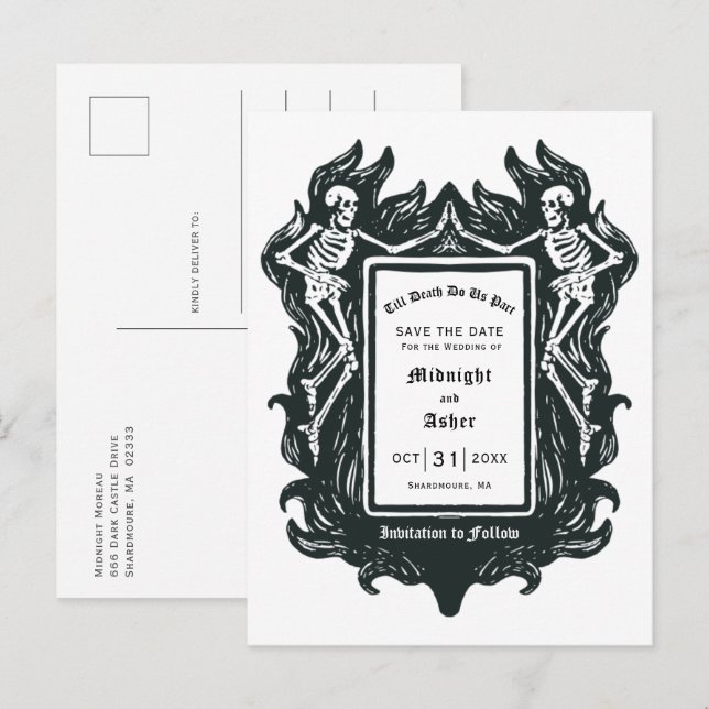 Cartão Postal De Anúncio Esqueleto Gótico Até que a Morte Nos Separe Salve  (Frente/Verso)