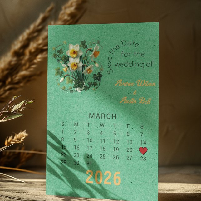 Cartão Postal De Anúncio Estilo de Calendário Casamento Salvar a Data March (Criador carregado)