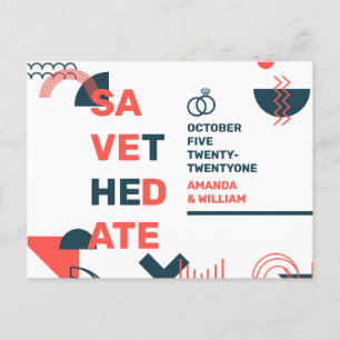 Cartão Postal De Anúncio Estilo Memphis Abstrato Vermelho e Azul Casamento 