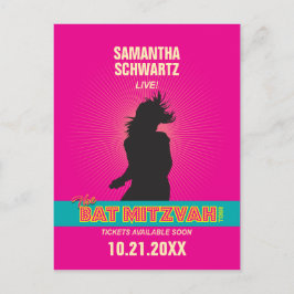 Cartão Postal De Anúncio Estrela de Rock Bat Mitzvah Salve a Data em Rosa Q