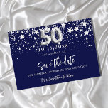 Cartão Postal De Anúncio Estrelas azuis de prata do marinho do 50º aniversá<br><div class="desc">Uma cinta e moda Salve a placa Date para uma festa de aniversário 50th. Um fundo azul marinho colorido. Decorado com estrelas de falso prata. O texto: Salvar a Data é gravado com um script de estilo com letra de tendência grande. O número 50 é escrito com uma fonte no...</div>