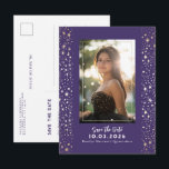 Cartão Postal De Anúncio Estrelas Celestiais QUINCEANERA Salvar Data Foto<br><div class="desc">Cartões Postais de Quinceañera com Céu Noturno Celestial para Salvar a Data em Cores Elegantes Roxas e Douradas</div>
