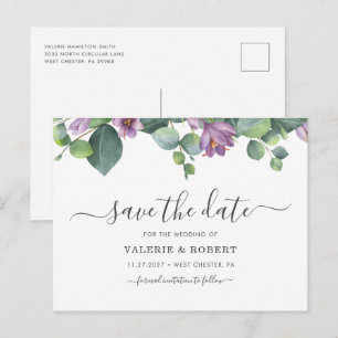 Cartão Postal De Anúncio Eucalipto Floral Roxo de Folhagens Salve a Data