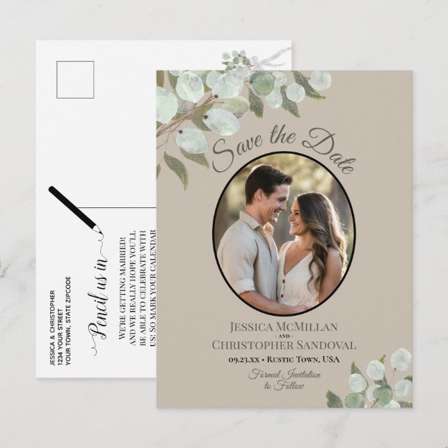Cartão Postal De Anúncio Eucalipto & Foto Casamento Salve o Dia no Tom Bege (Frente/Verso)