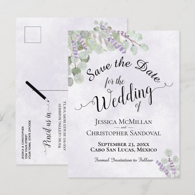 Cartão Postal De Anúncio Eucalipto & Lavanda Roxo Casamento Salve a Data (Frente/Verso)