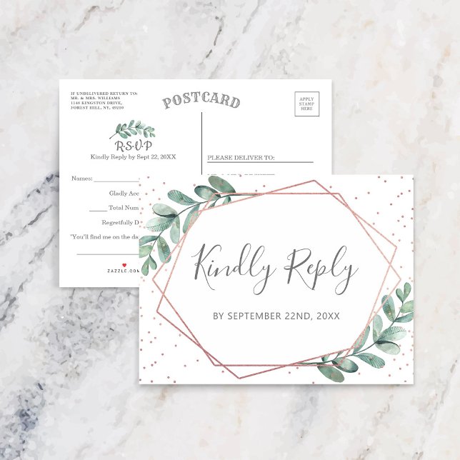 Cartão Postal De Anúncio Eucalyptus Geométrico Rosa Gold Foil Weding RSVP (Criador carregado)