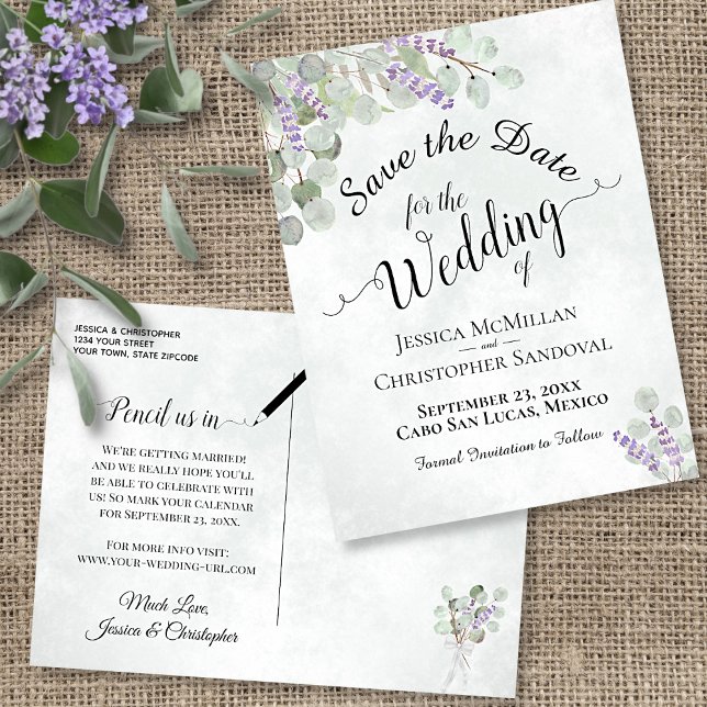 Cartão Postal De Anúncio Eucalyptus & Lavanda Boho Casamento Salvar a Data (Criador carregado)