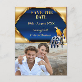 Cartão Postal De Anúncio Exótico-Papagaio tons de penas azuis Save the Date