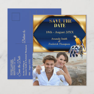 Cartão Postal De Anúncio Exótico-Papagaio tons de penas azuis Save the Date