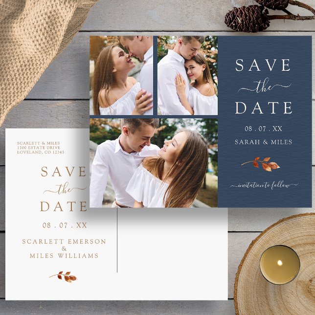 Cartão Postal De Anúncio Fall Photo Collage Weding The Date (Autumn Navy Blue Photo Collage Wedding Save The Date Announcement Postcard by Painted Paperie
)