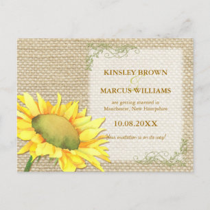 Cartão Postal De Anúncio Fall Sunflower Rustic Burlap Casamento Salve a Dat