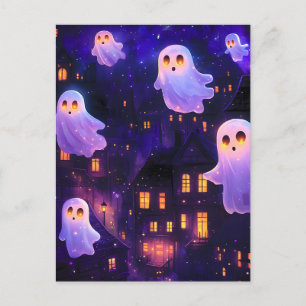 Cartão Postal De Anúncio Fantasmas de Voo de Cartoon no Halloween Meia-Noit