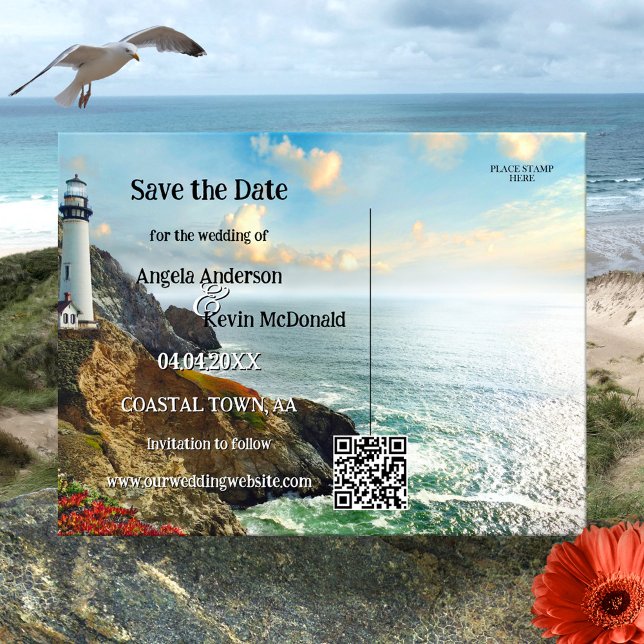 Cartão Postal De Anúncio Farol Costeiro Náutico Salve a Data (Save the Date postcard featuring a painting of a coast with a lighthouse in vibrant colors)