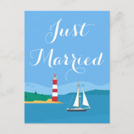 Cartão Postal De Anúncio Farol de Casado Azul e Carta de Casamento de Barco