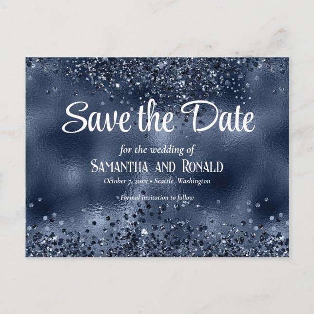 Cartão Postal De Anúncio Faux Dark Blue Glitter e Foil Weding (Frente)