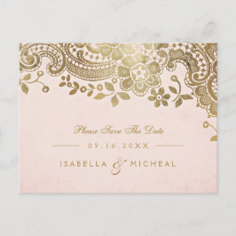 Cartão Postal De Anúncio Faux gold blush elegant lace casamento salve a dat