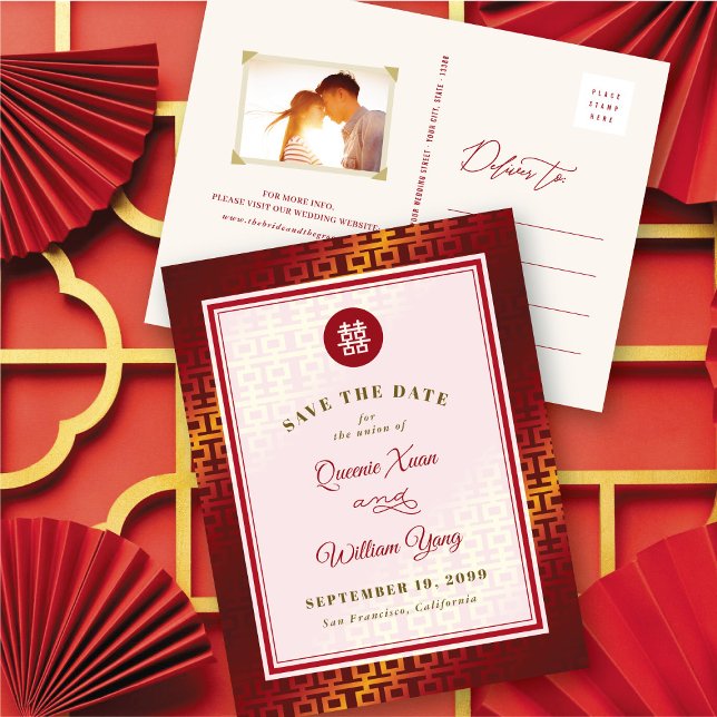 Cartão Postal De Anúncio Felicidade dupla Dourada e vermelha Chinês Salve a (Gold & Red Double Happiness Chinese Save The Date Announcement Postcard @ fatfatin_red_knot)