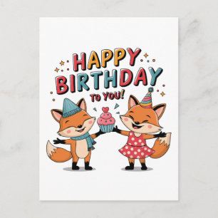 Cartão Postal De Anúncio Feliz Aniversário Raposas