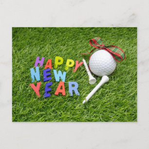 Cartão Postal De Anúncio Feliz ano novo de golfe com bola de golfe e tênis