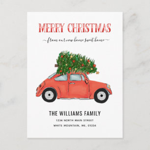 Cartão Postal De Anúncio Feliz Natal Carro Vermelho Antigo se Movendo na Ár