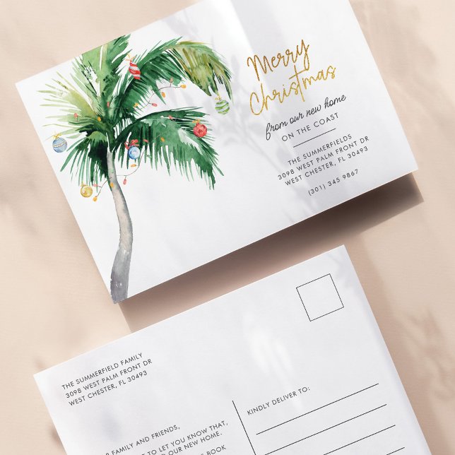 Cartão Postal De Anúncio Feliz Natal do Movimento Feriado Costeiro (Palm Tree Script Christmas New Address Announcement Postcard)
