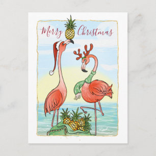 Cartão Postal De Anúncio Feliz Natal Pink Flamingo Hawaiin